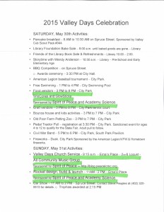 Valley Days Schedule