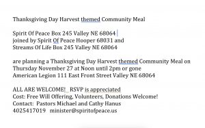 Thanksgiving Day Harvest themed Community Meal By Spirit Of Peace Valley NE